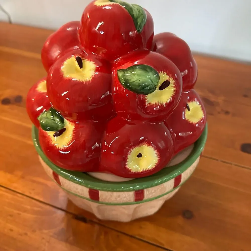 Vintage Big Apple Basket Ceramic Cookie Jar 3D Red Fruit Figural Canister READ